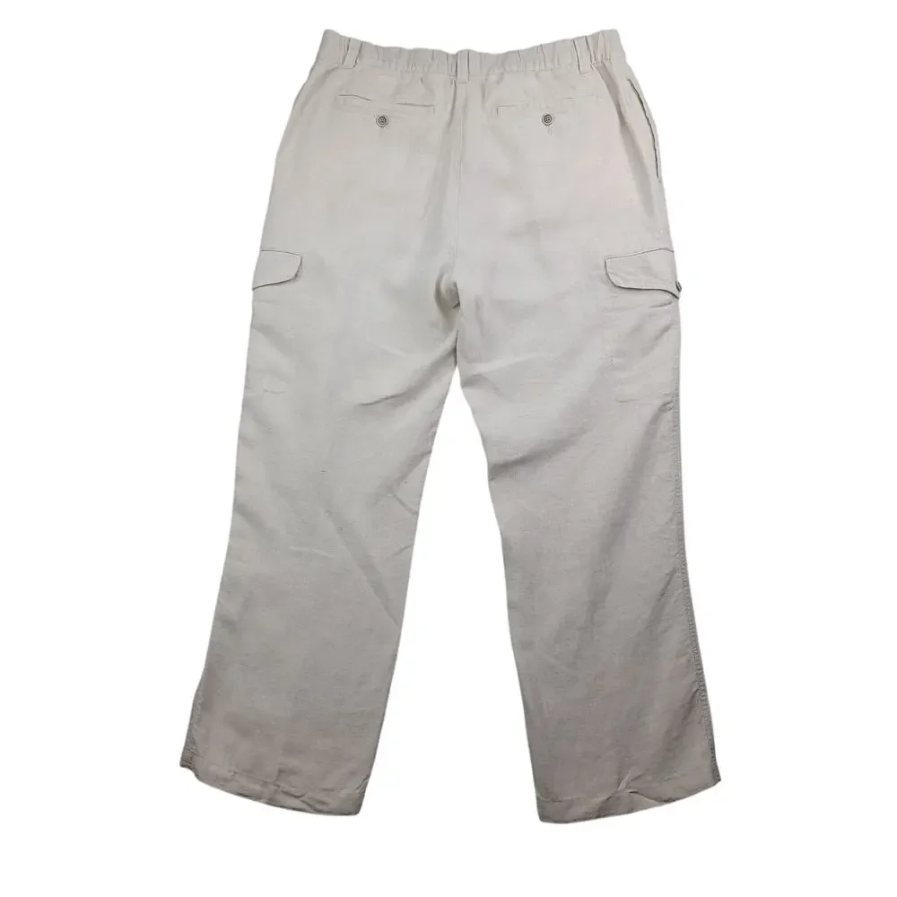 Caribbean 100% Linen Cargo Pants Men's 36x30 Beige Drawstring Coastal Straight